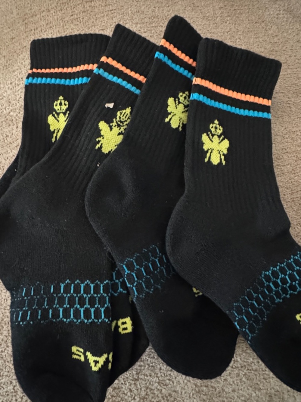Bombas for Kids Black Crew Socks with Lime Emblem and Blue & Orange Stripes